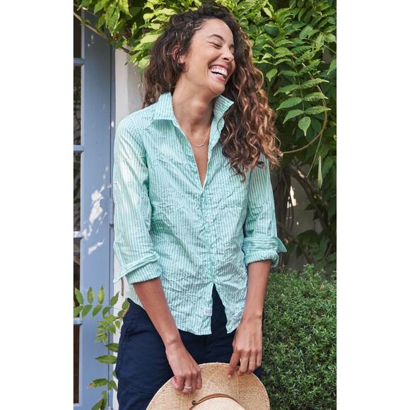 Frank & Eileen Barry Button Up Shirt Green White Mint Striped Linen XS - Picture 1 of 7